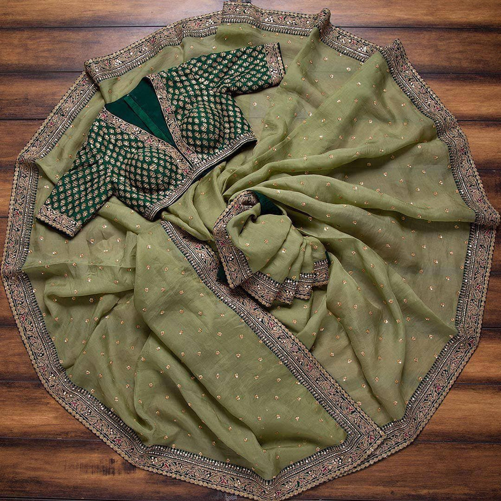Vamika Olive Green Royal Vichitra Silk Sequins,Coding And Thread Multi Work And Havy Work Border Saree
