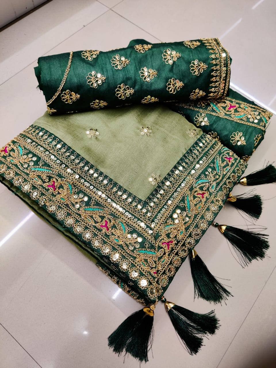 Vamika Olive Green Royal Vichitra Silk Sequins,Coding And Thread Multi Work And Havy Work Border Saree