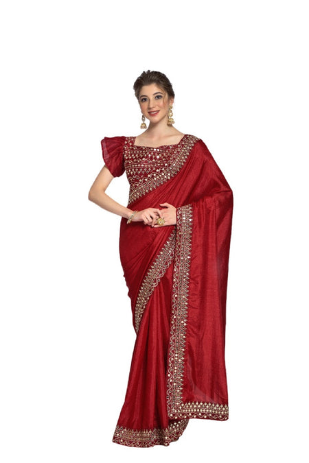 Vamika Maroon Bengalori Silk Embroidery With Sequence Work Saree