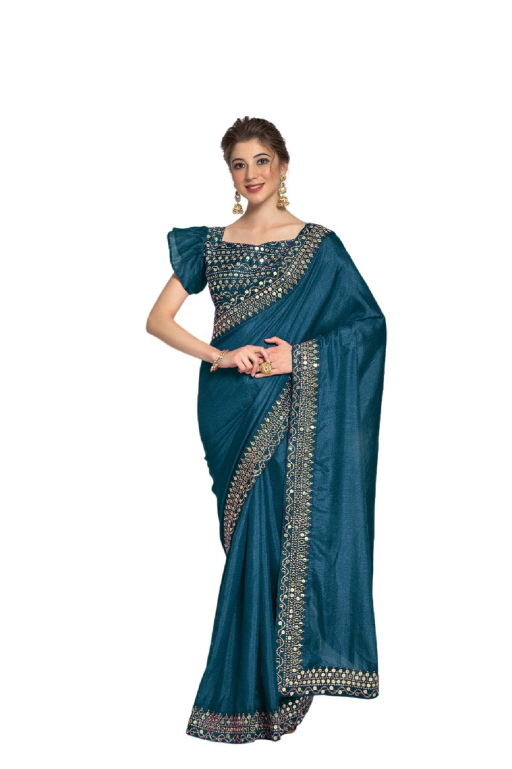 Vamika Aqua Blue Bengalori Silk Embroidery With Sequence Work Saree
