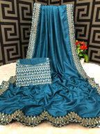 Vamika Aqua Blue Bengalori Silk Embroidery With Sequence Work Saree