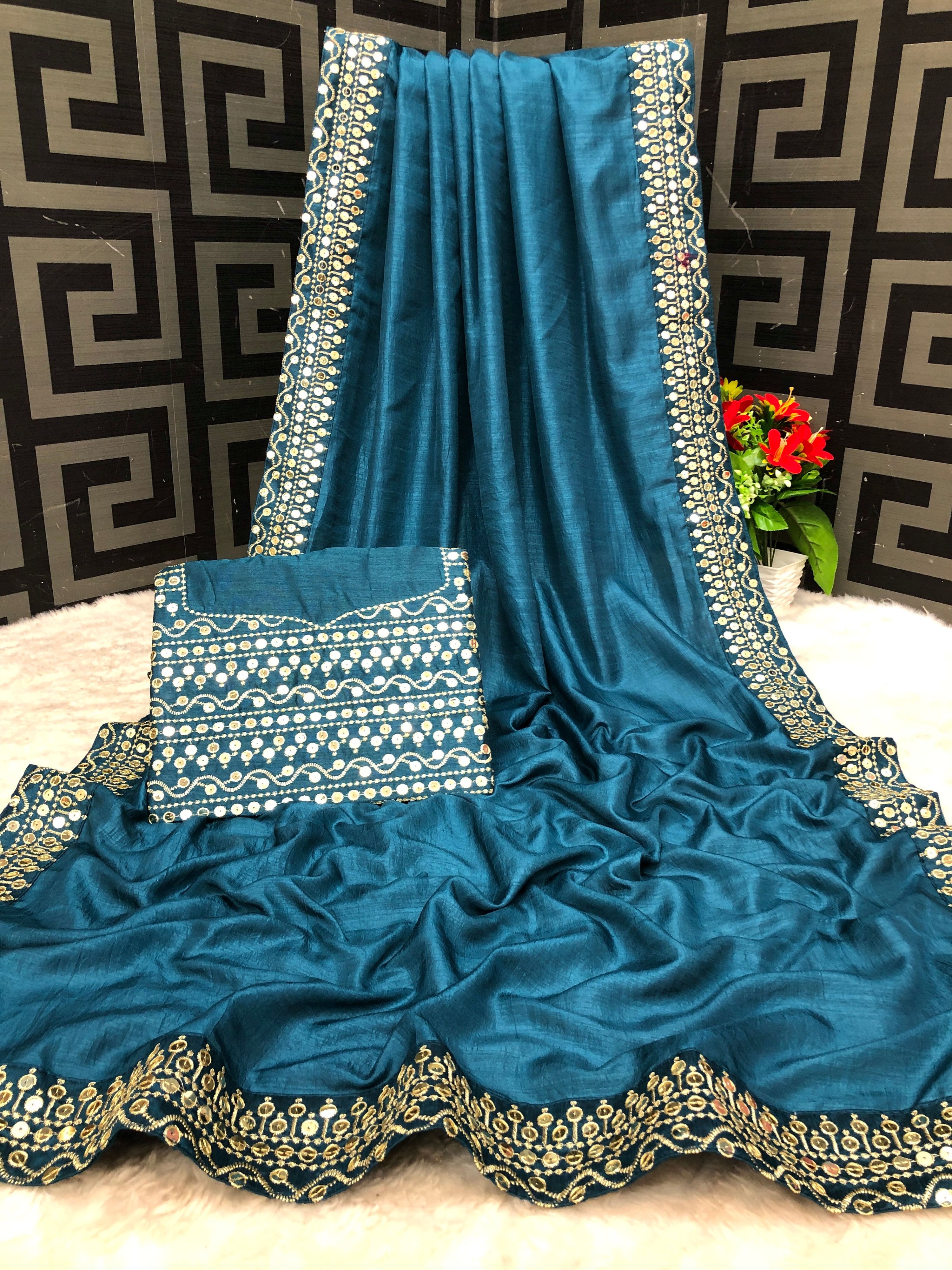 Vamika Aqua Blue Bengalori Silk Embroidery With Sequence Work Saree