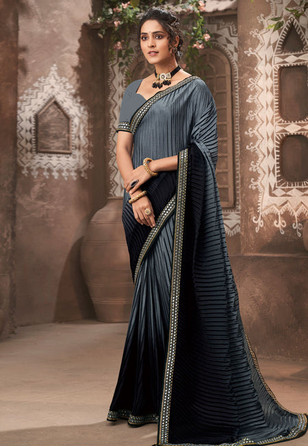 Vamika Grey Chinon Heavy Embroidery Mirror Kari Lace Work & Crush Saree