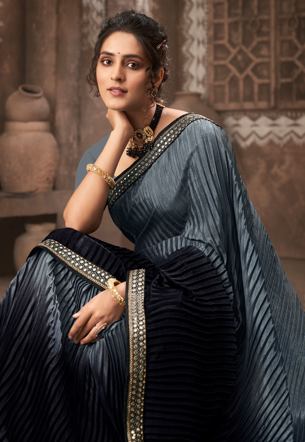 Vamika Grey Chinon Heavy Embroidery Mirror Kari Lace Work & Crush Saree