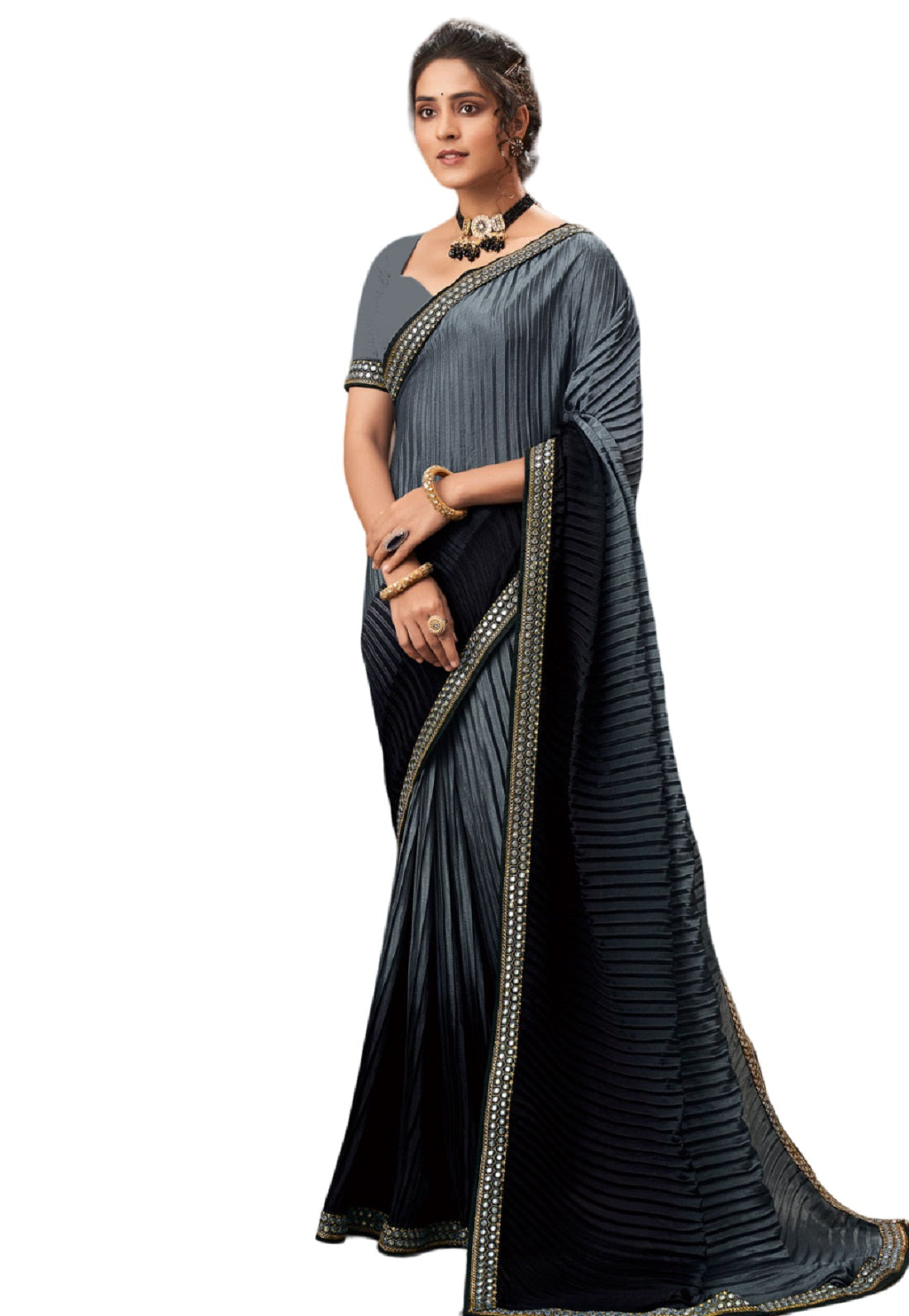 Vamika Grey Chinon Heavy Embroidery Mirror Kari Lace Work & Crush Saree