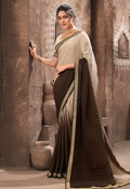 Vamika Beige Chinon Heavy Embroidery Mirror Kari Lace Work & Crush Saree