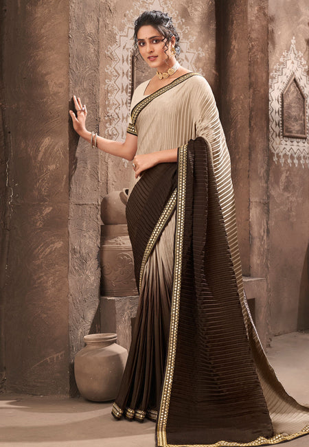 Vamika Beige Chinon Heavy Embroidery Mirror Kari Lace Work & Crush Saree