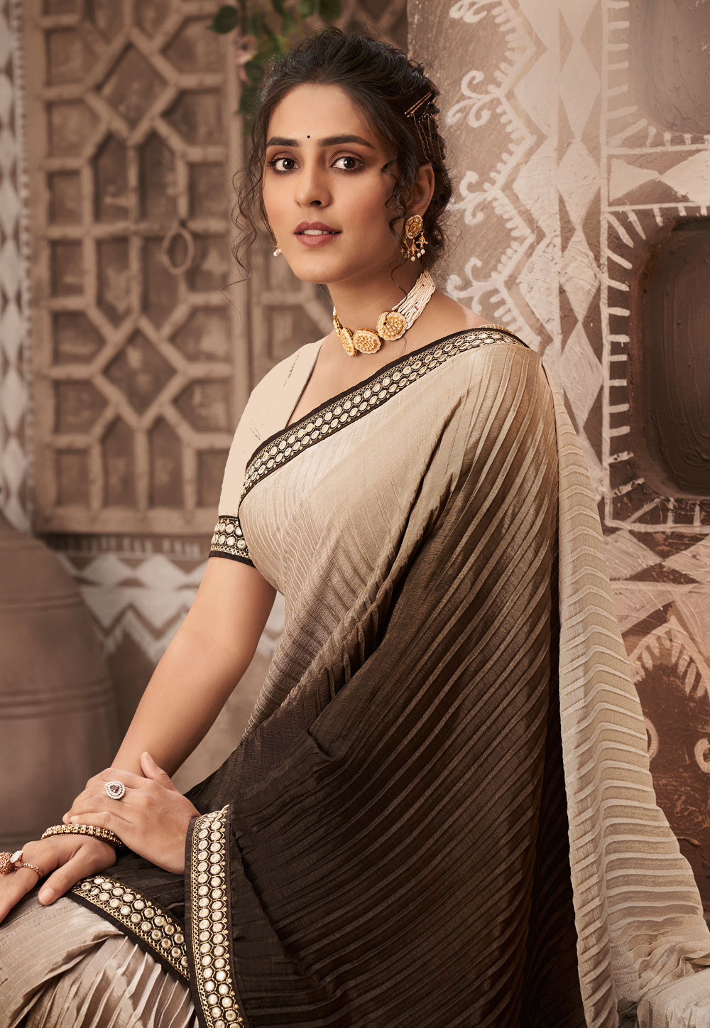 Vamika Beige Chinon Heavy Embroidery Mirror Kari Lace Work & Crush Saree