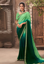 Vamika Light Green Chinon Heavy Embroidery Mirror Kari Lace Work & Crush Saree