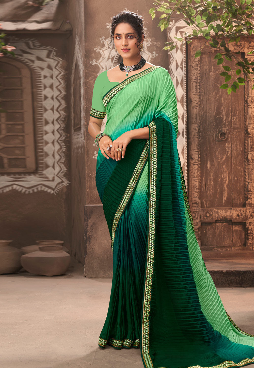 Vamika Light Green Chinon Heavy Embroidery Mirror Kari Lace Work & Crush Saree