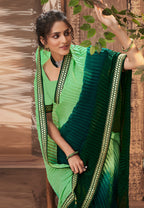Vamika Light Green Chinon Heavy Embroidery Mirror Kari Lace Work & Crush Saree