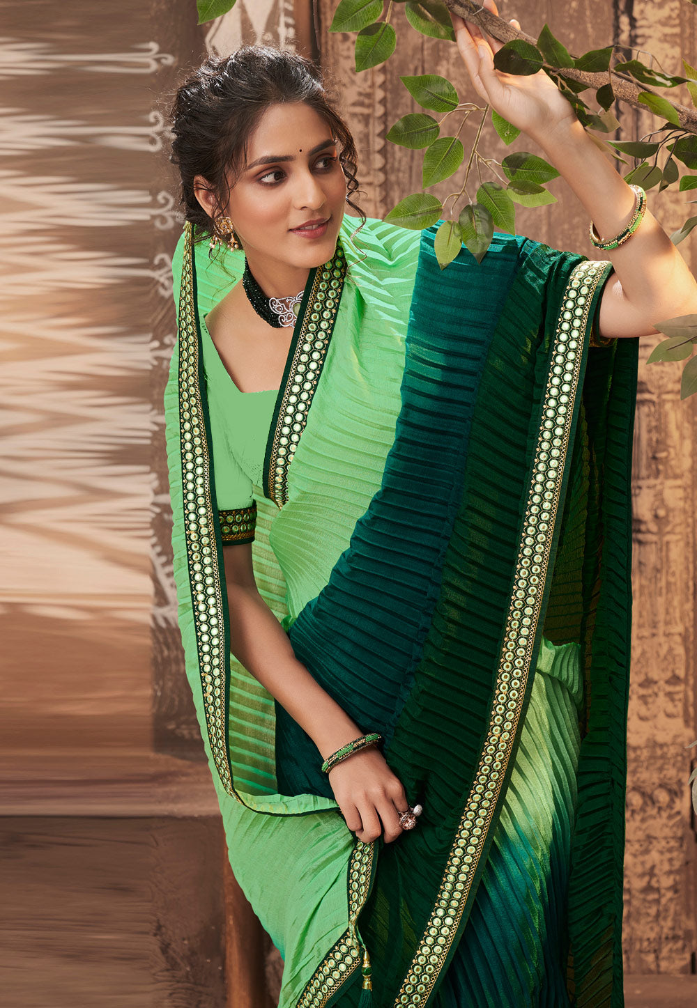 Vamika Light Green Chinon Heavy Embroidery Mirror Kari Lace Work & Crush Saree