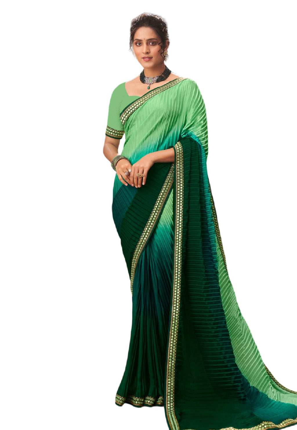 Vamika Light Green Chinon Heavy Embroidery Mirror Kari Lace Work & Crush Saree