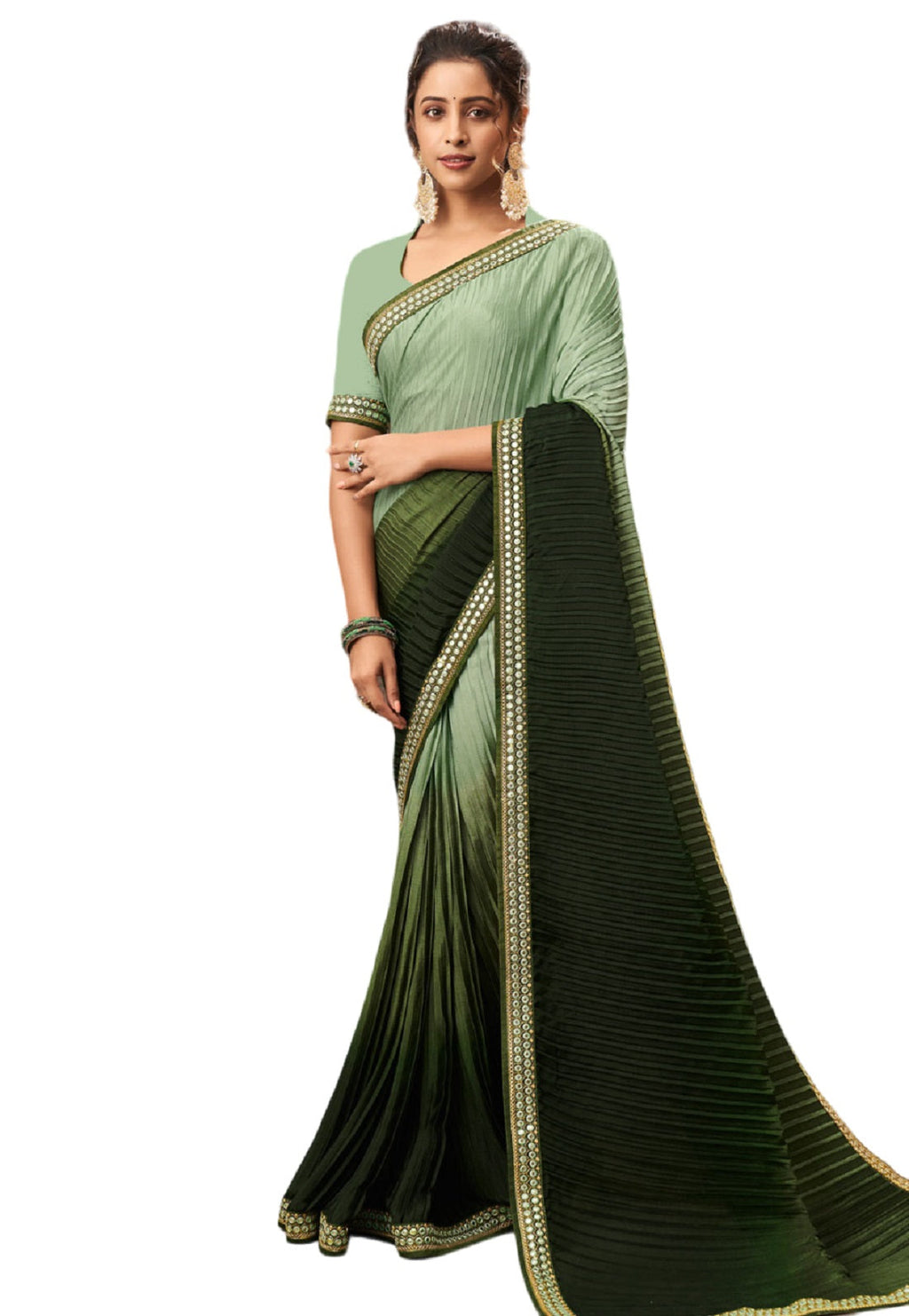 Vamika Olive Green Chinon Heavy Embroidery Mirror Kari Lace Work & Crush Saree