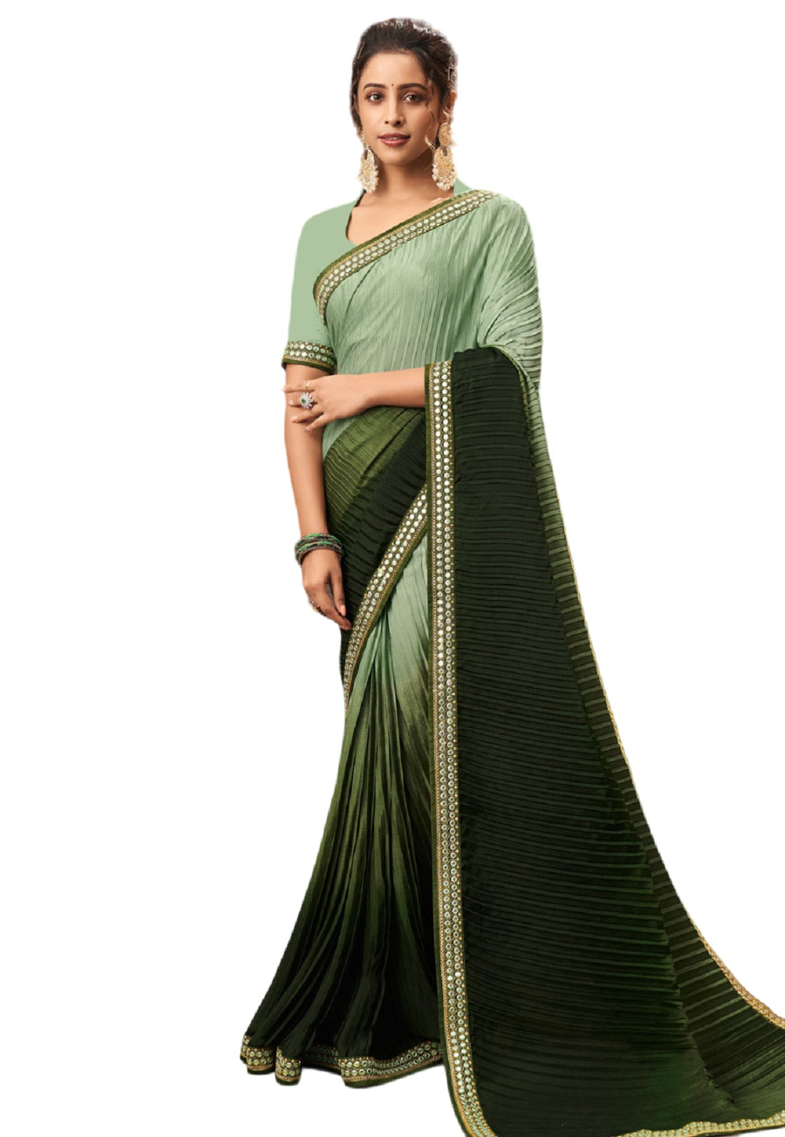 Vamika Olive Green Chinon Heavy Embroidery Mirror Kari Lace Work & Crush Saree