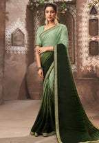 Vamika Olive Green Chinon Heavy Embroidery Mirror Kari Lace Work & Crush Saree
