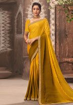 Vamika Yellow Chinon Heavy Embroidery Mirror Kari Lace Work & Crush Saree