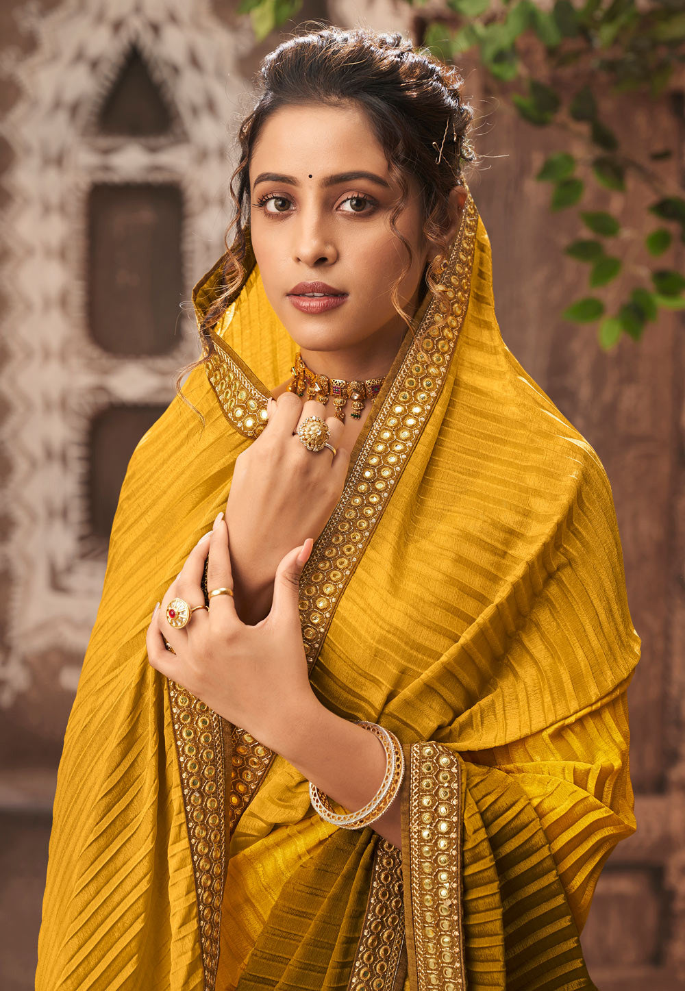 Vamika Yellow Chinon Heavy Embroidery Mirror Kari Lace Work & Crush Saree