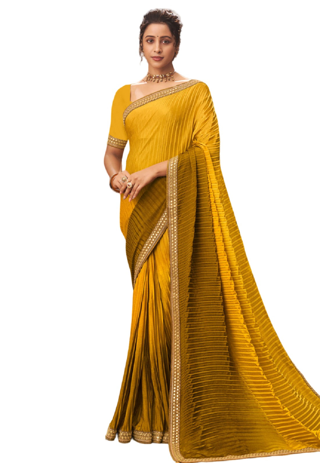 Vamika Yellow Chinon Heavy Embroidery Mirror Kari Lace Work & Crush Saree