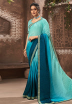 Vamika Sky Blue Chinon Heavy Embroidery Mirror Kari Lace Work & Crush Saree