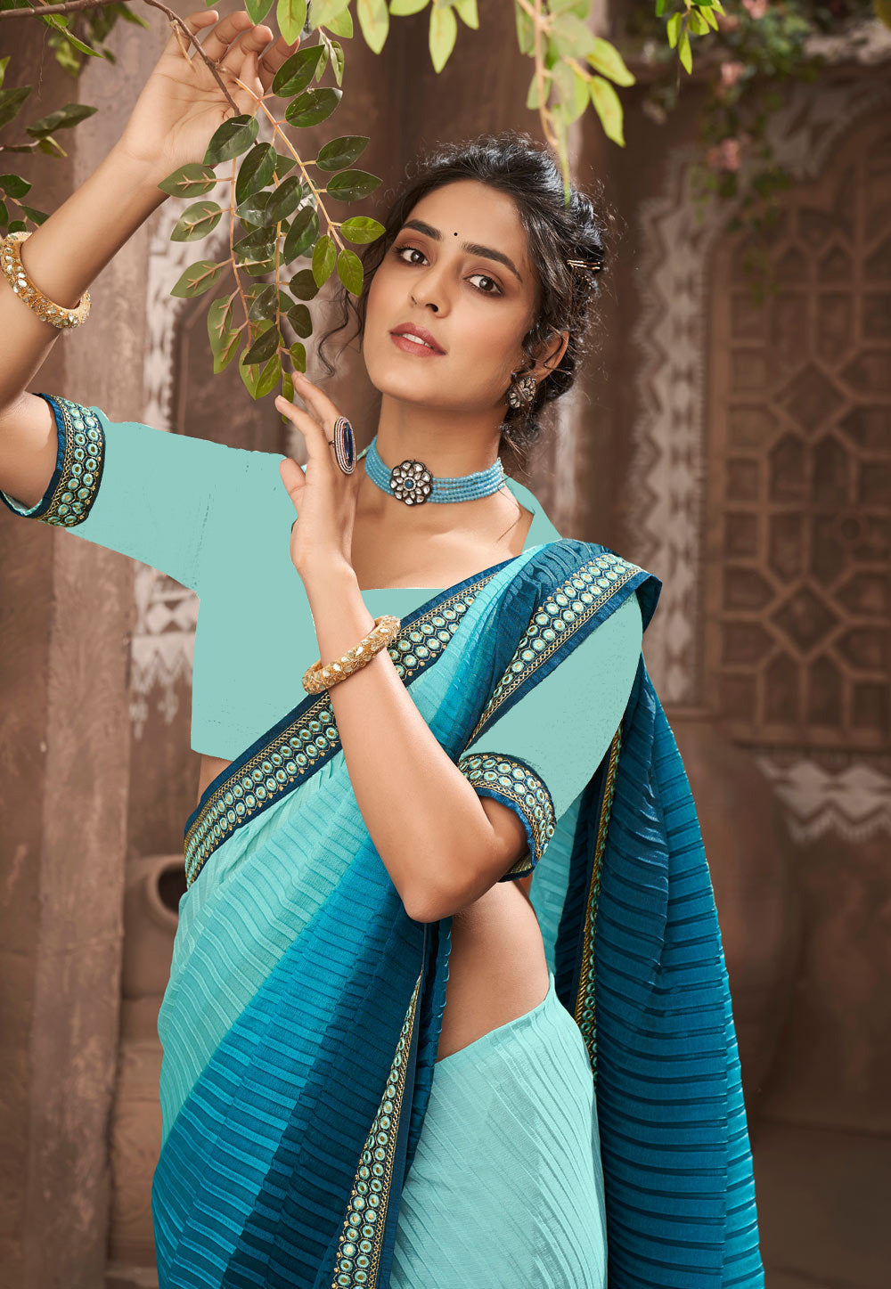 Vamika Sky Blue Chinon Heavy Embroidery Mirror Kari Lace Work & Crush Saree