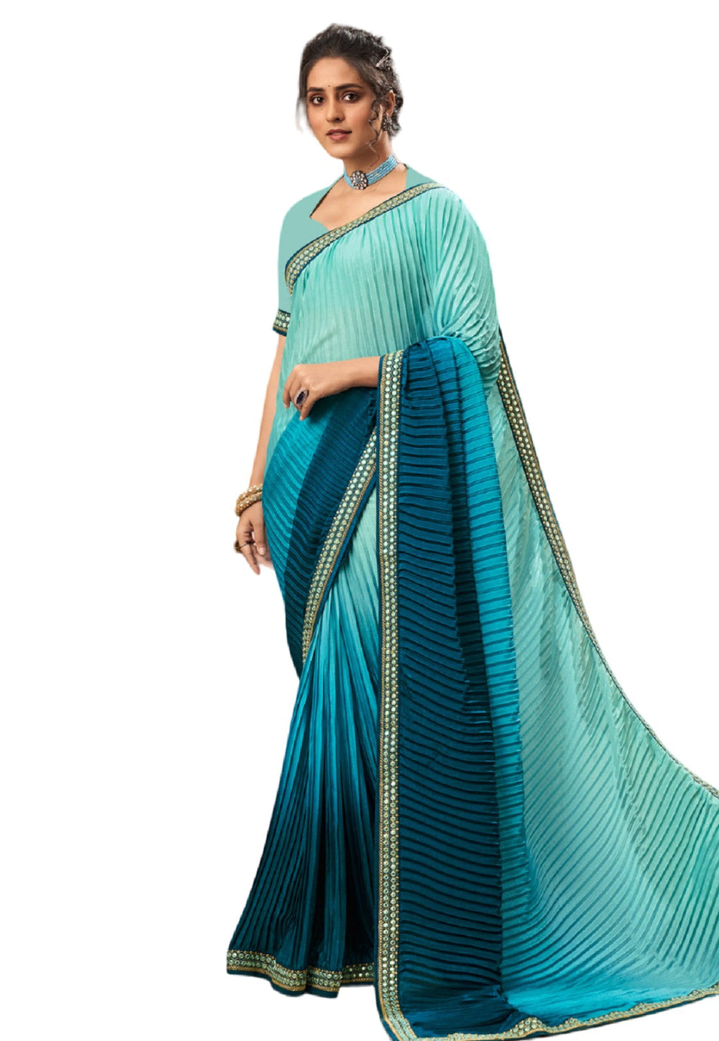Vamika Sky Blue Chinon Heavy Embroidery Mirror Kari Lace Work & Crush Saree