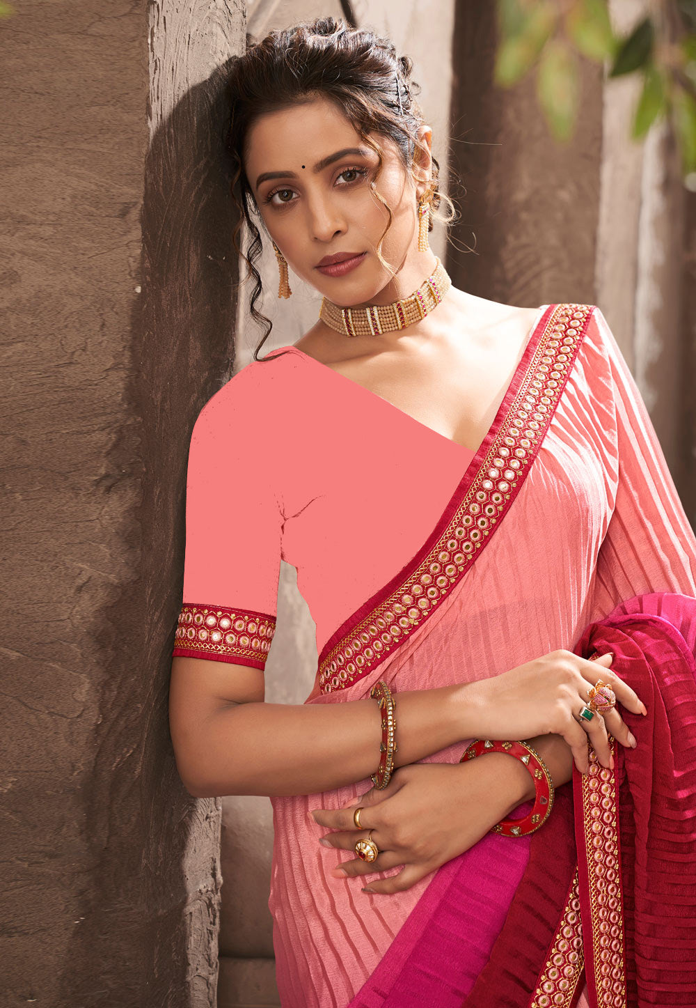 Vamika Light Pink Chinon Heavy Embroidery Mirror Kari Lace Work & Crush Saree