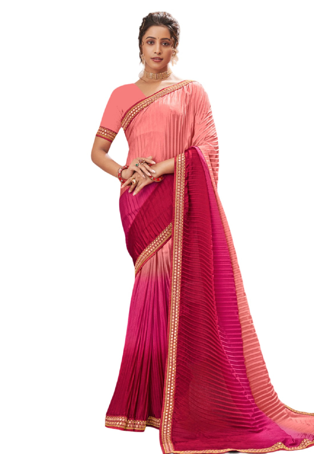 Vamika Light Pink Chinon Heavy Embroidery Mirror Kari Lace Work & Crush Saree