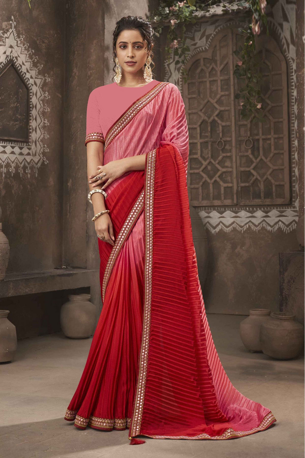 Vamika Pink Chinon Heavy Embroidery Mirror Kari Lace Work & Crush Saree
