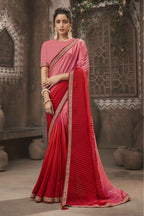 Vamika Pink Chinon Heavy Embroidery Mirror Kari Lace Work & Crush Saree
