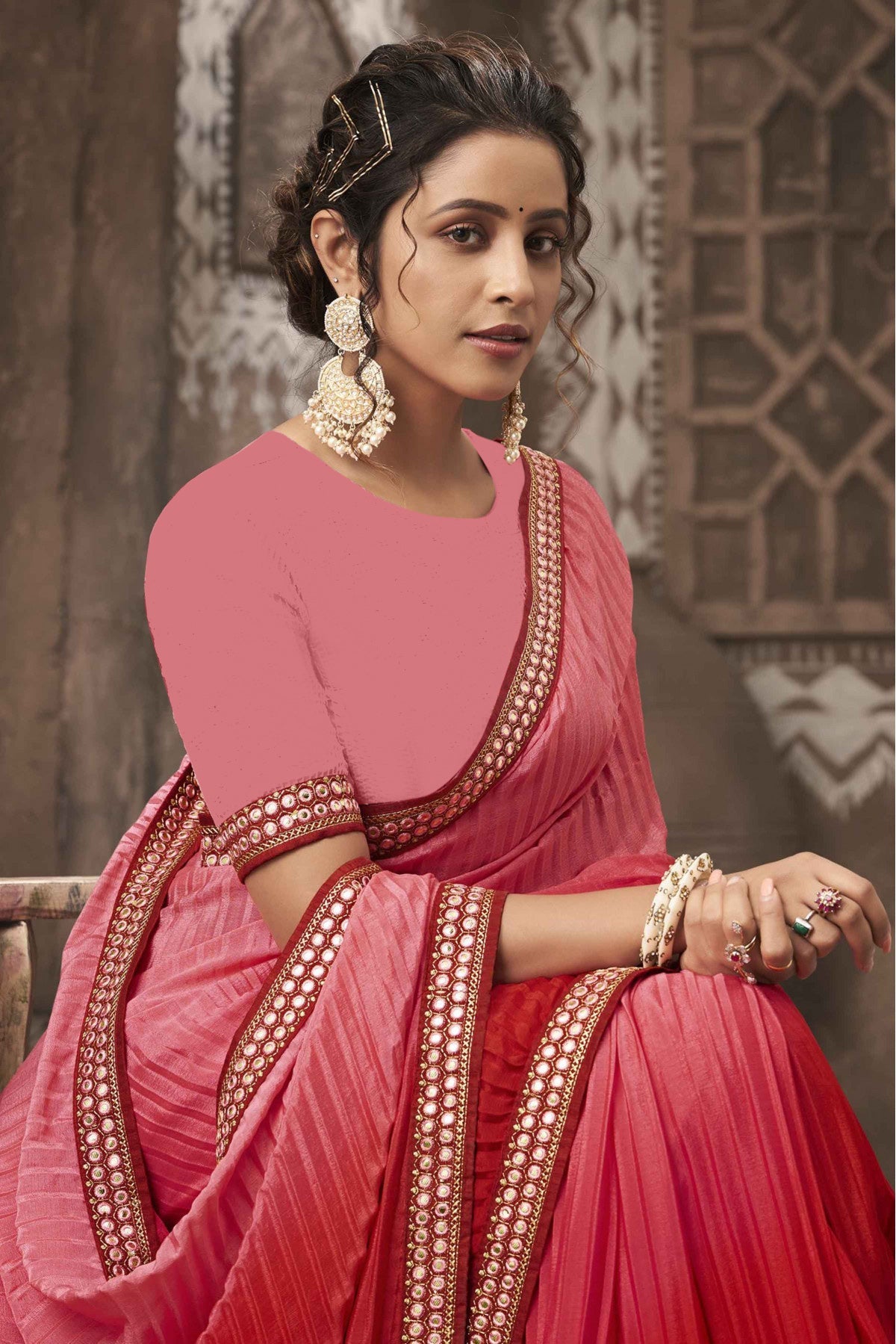 Vamika Pink Chinon Heavy Embroidery Mirror Kari Lace Work & Crush Saree