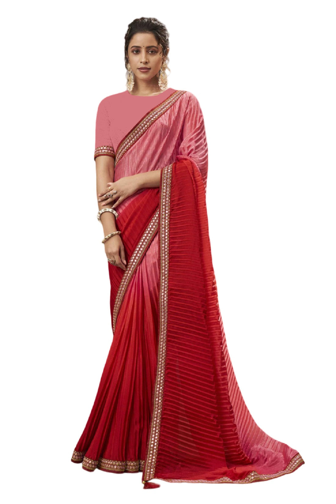 Vamika Pink Chinon Heavy Embroidery Mirror Kari Lace Work & Crush Saree