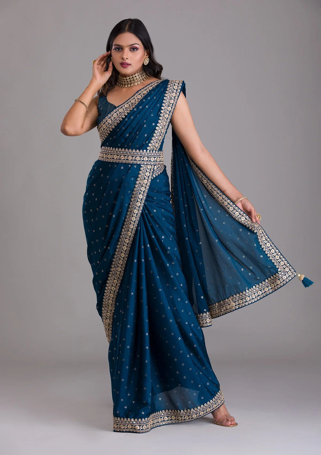 Vamika Blue Chinon Zari Embroidery With Sequins Saree