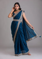 Vamika Blue Chinon Zari Embroidery With Sequins Saree