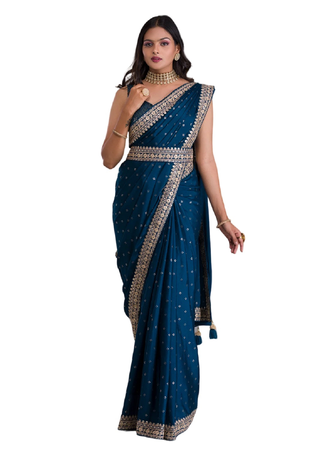 Vamika Blue Chinon Zari Embroidery With Sequins Saree