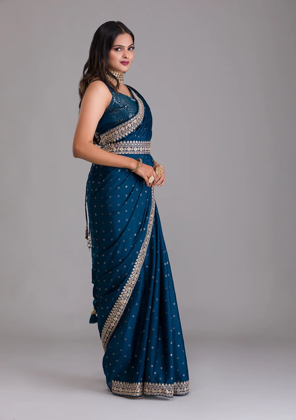 Vamika Blue Chinon Zari Embroidery With Sequins Saree