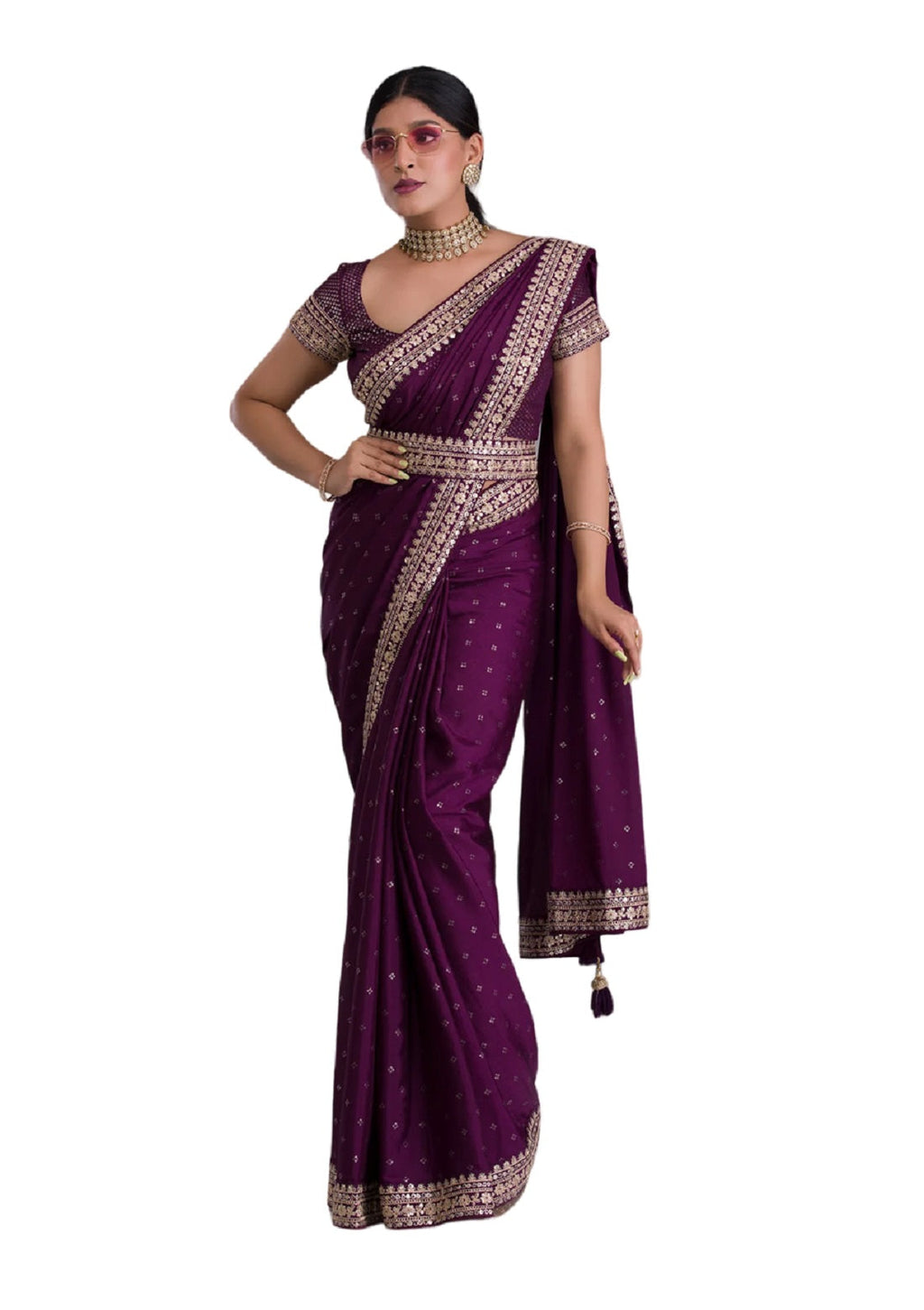 Vamika Purple Chinon Zari Embroidery With Sequins Saree