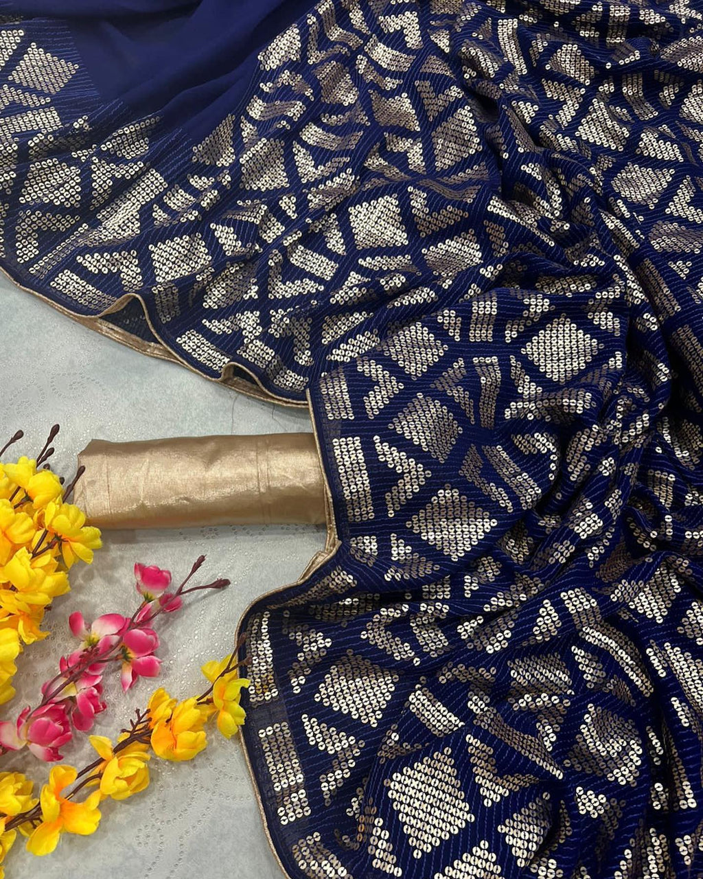 Vamika Blue Georgette Gota Work Saree