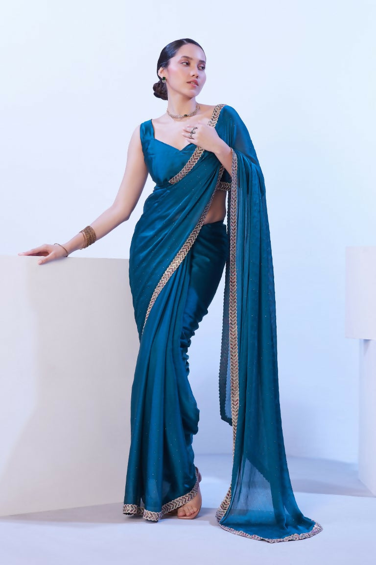 Firozi Satin Chiffon Solid Designer & Lace Work Saree - Samaa