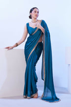 Firozi Satin Chiffon Solid Designer & Lace Work Saree - Samaa