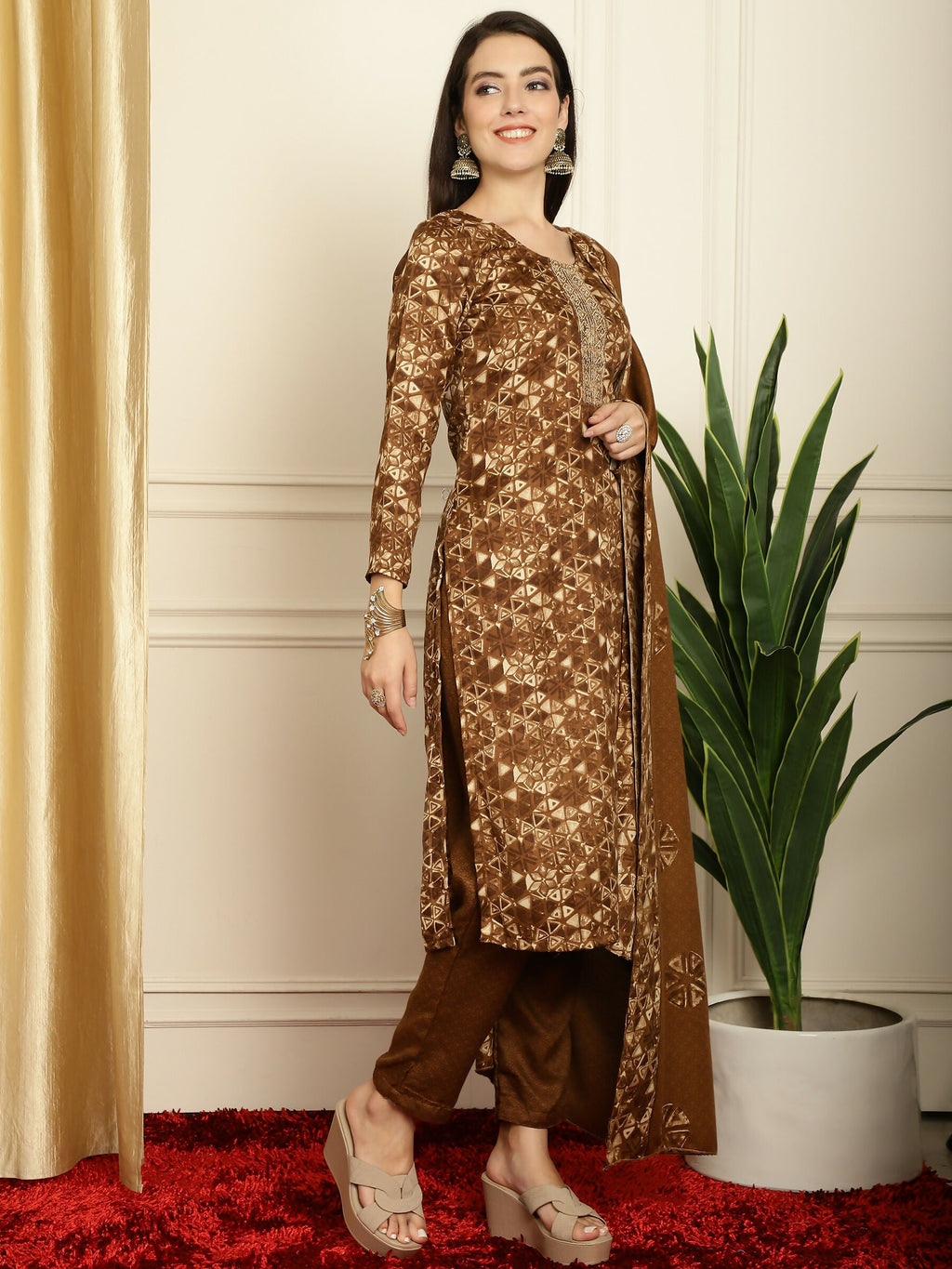 Jyoti Fashion Women's Brown Pashmina Floral Digital Printed Kurta with Trouser & Dupatta