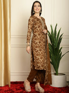 Jyoti Fashion Women's Brown Pashmina Floral Digital Printed Kurta with Trouser & Dupatta