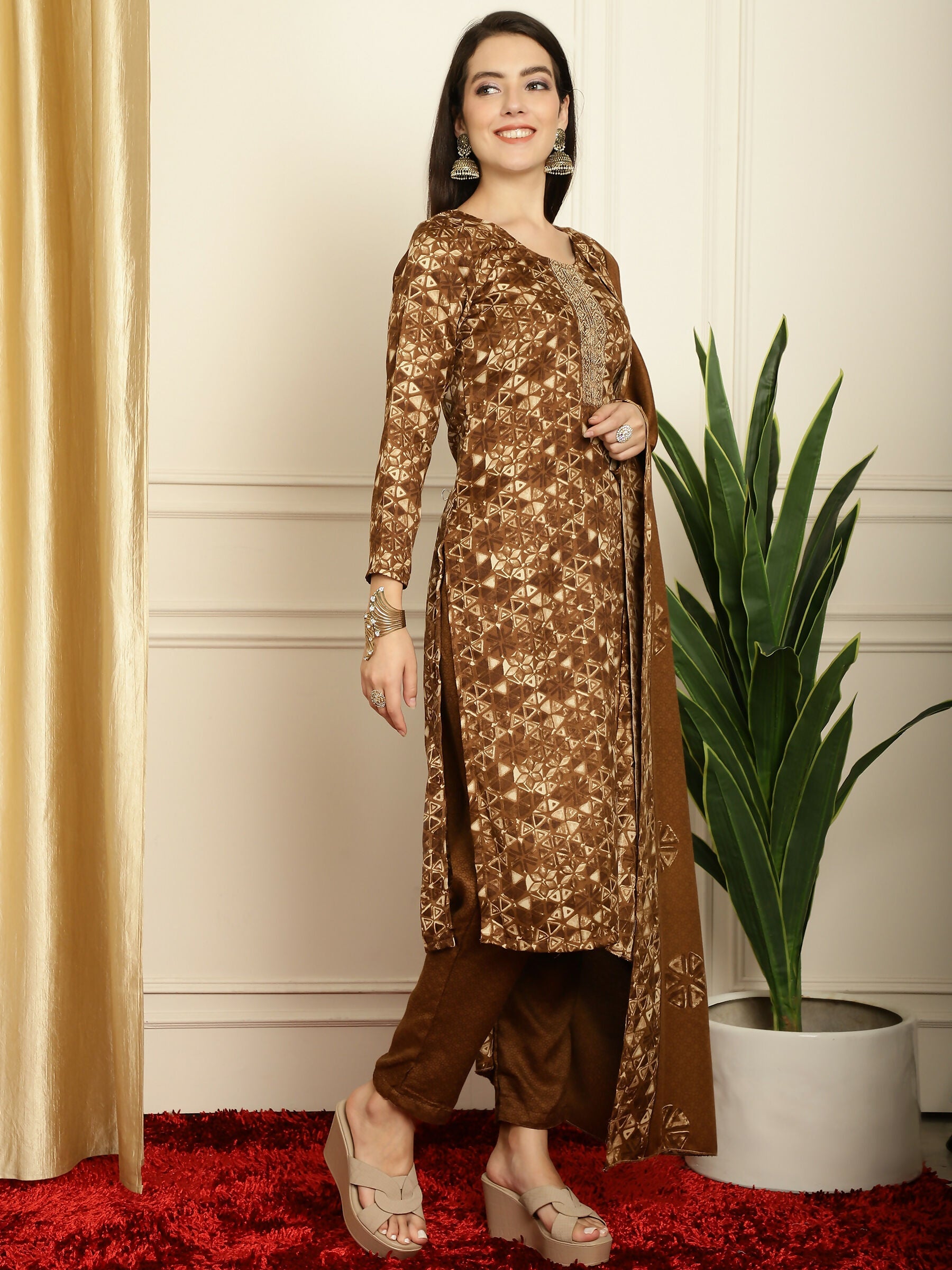Jyoti Fashion Women's Brown Pashmina Floral Digital Printed Kurta with Trouser & Dupatta
