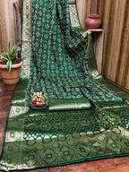 Anaita Dark Green Soft Satin Silk Bandhej Print Saree With Kanchi Zari Weaving Border - Distacart
