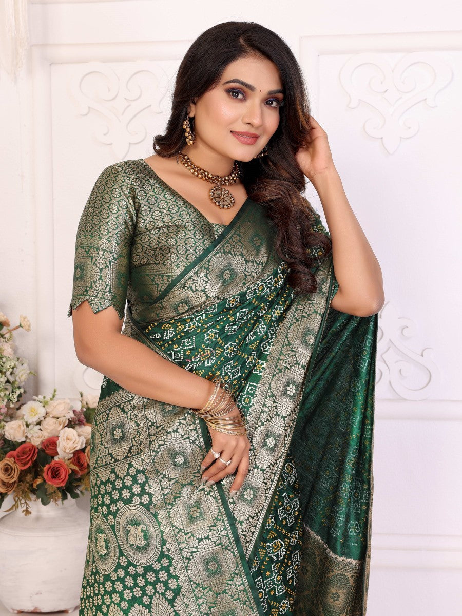 Anaita Dark Green Soft Satin Silk Bandhej Print Saree With Kanchi Zari Weaving Border - Distacart
