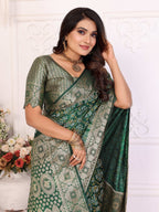 Anaita Dark Green Soft Satin Silk Bandhej Print Saree With Kanchi Zari Weaving Border - Distacart