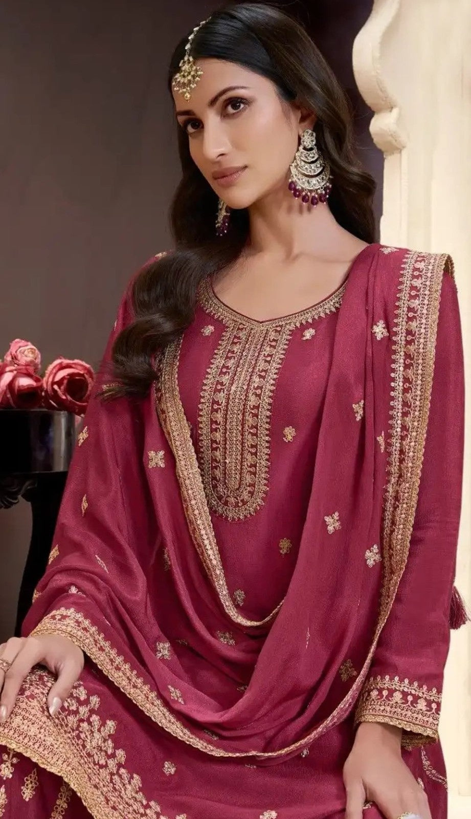 Anaita Dark Maroon Chinon Embroidered Salwar Suit - Distacart