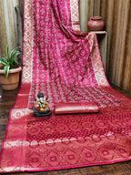 Anaita Dark Red Soft Satin Silk Bandhej Print Saree With Kanchi Zari Weaving Border - Distacart