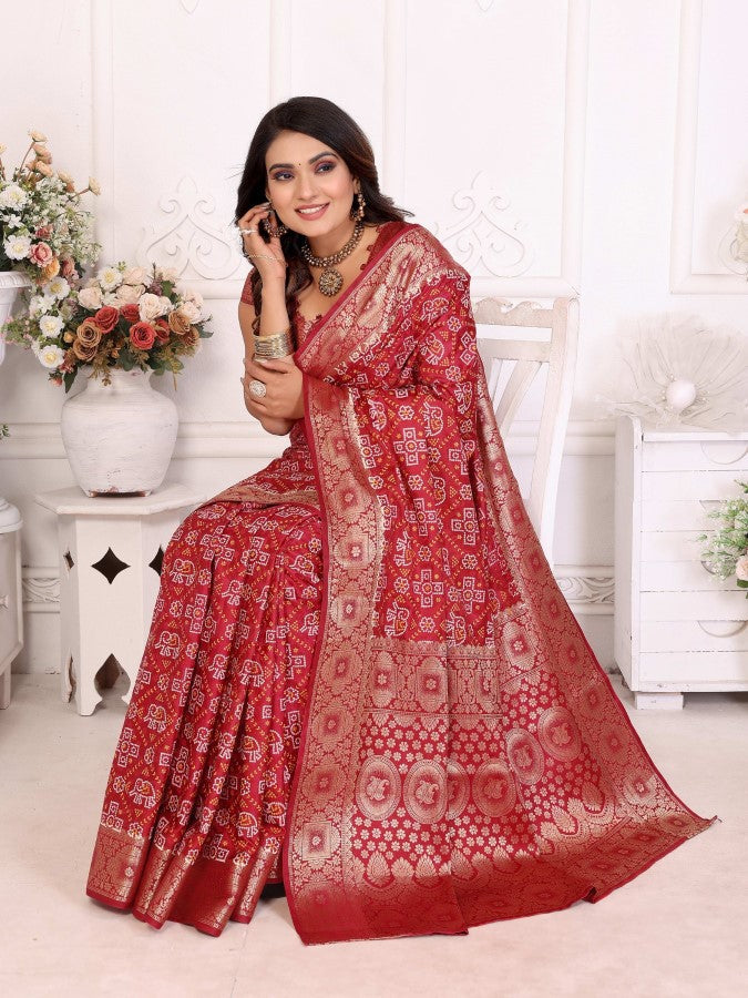 Anaita Dark Red Soft Satin Silk Bandhej Print Saree With Kanchi Zari Weaving Border - Distacart