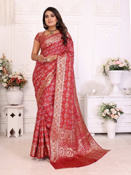 Anaita Dark Red Soft Satin Silk Bandhej Print Saree With Kanchi Zari Weaving Border